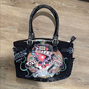 Original Vintage Ed Hardy Black Skull Shoulder Bag with Tattoo Art
